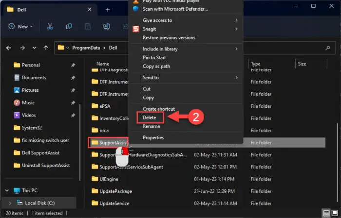 Delete the Dell SupportAssist folder