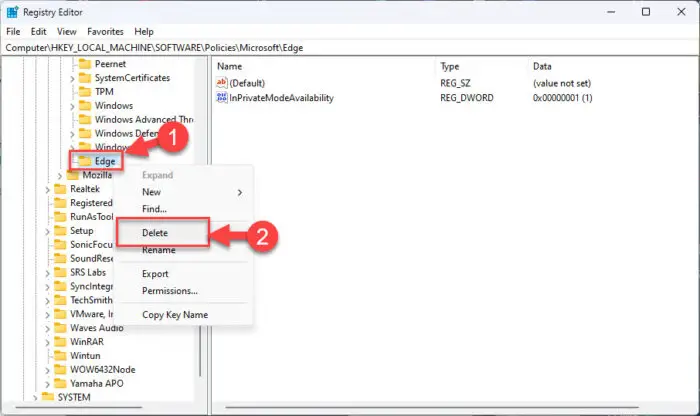 How To Enable, Disable In-Private Browsing In All Browsers 27 Delete the Edge key or value to restore InPrivate browsing in Microsoft Edge