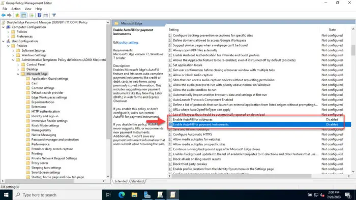 Disable autofilling for addresses and credit cards in Edge