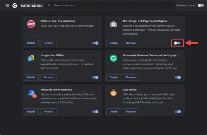Disable browser extension