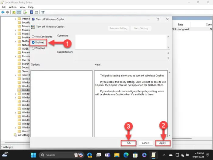 Disable Copilot from Group Policy editor