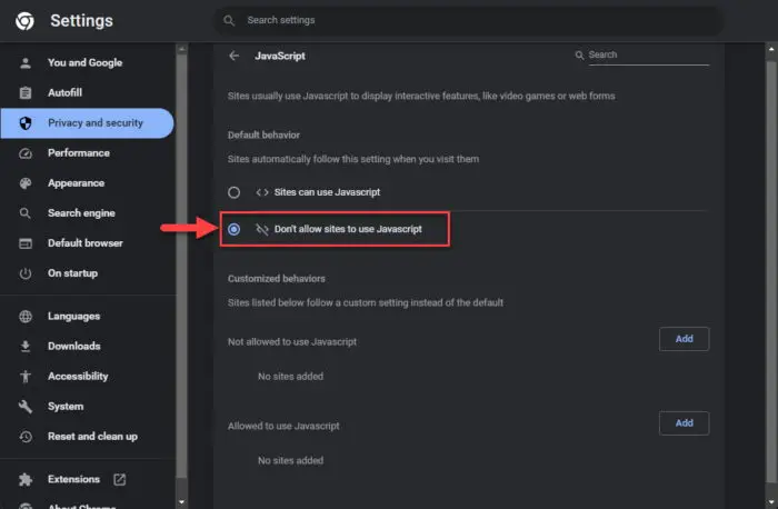 Disable JavaScript in Chrome