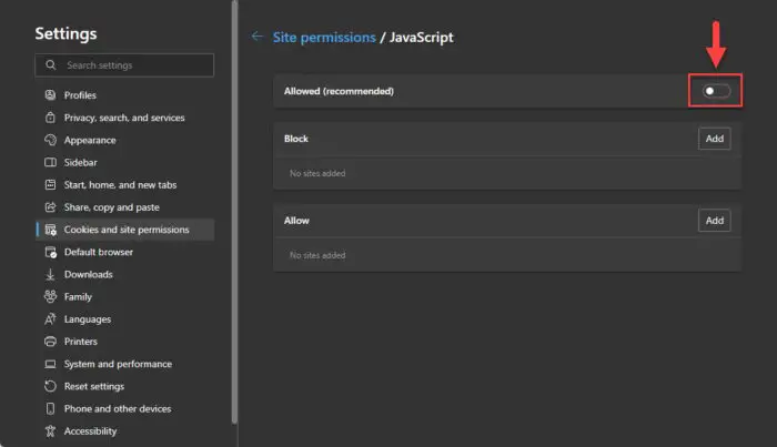 Disable JavaScript in Edge