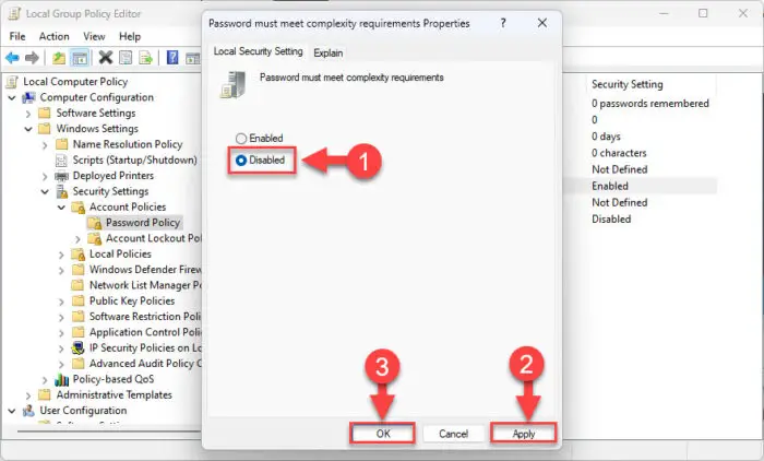 Disable password complexity requirement