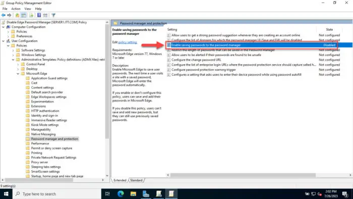 Disable saving passwords to Edge's password manager