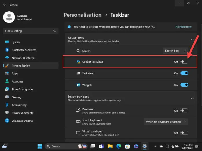 Disable Windows 11 copilot button in taskbar