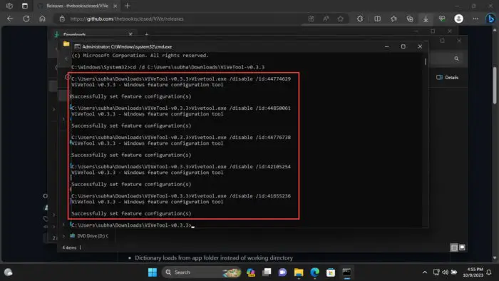 Disable Windows Copilot using Vivetool