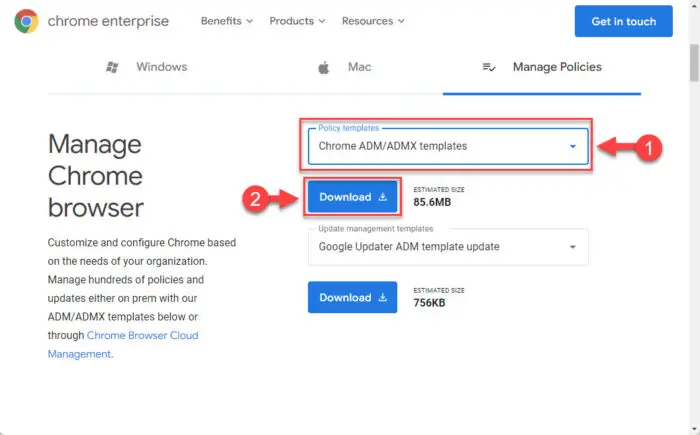 Download ADMX policy templates for Google Chrome