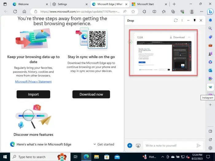 Download Microsoft Edge 116 + Security Baseline With Split Screen, Cross-Device File Sharing 3 Download shared items from the Drop sidebar feature