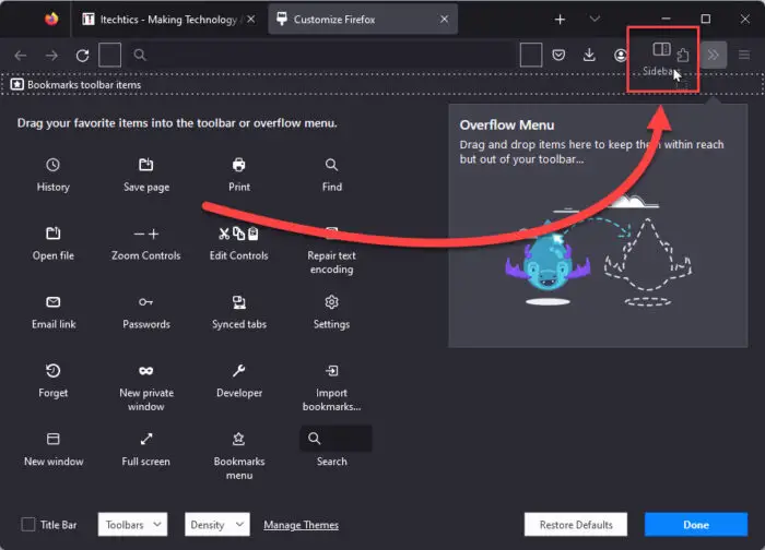 Drag and drop Sidebars into the toolbar