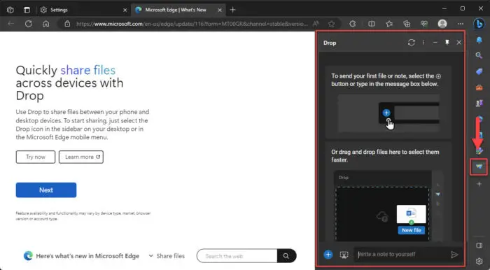 Download Microsoft Edge 116 + Security Baseline With Split Screen, Cross-Device File Sharing 2 Drop items to share between devices