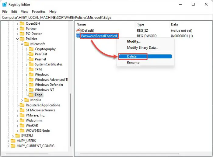 How to Enable or Disable Reveal Password button in Windows 11/10 8 dword delete