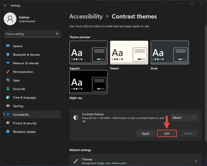 Edit contrast theme