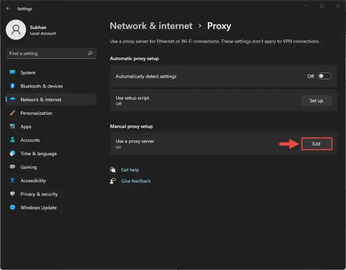 Edit proxy setting