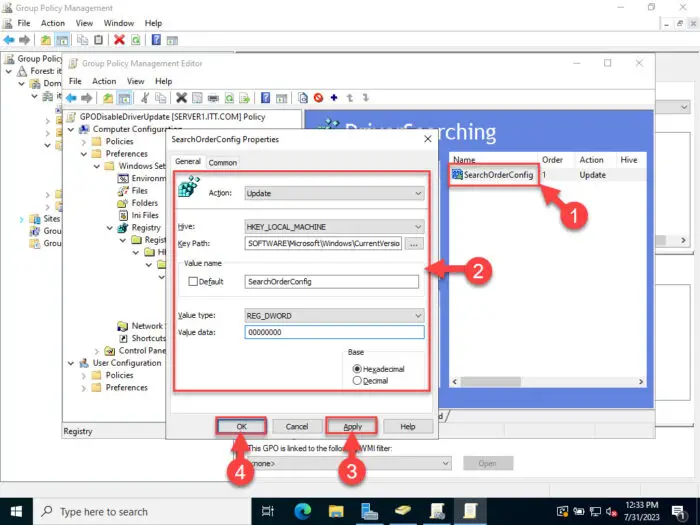 Edit the Windows Registry values