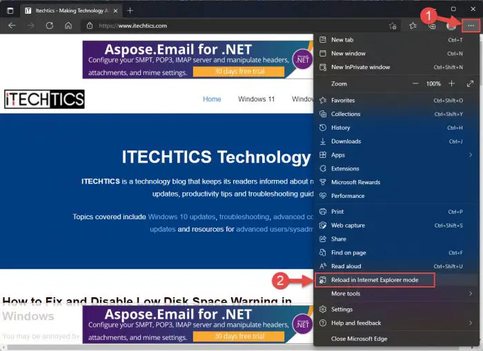 How to Enable and Use IE/Compatibility Mode on Microsoft Edge 7 ellipsis reload in IE