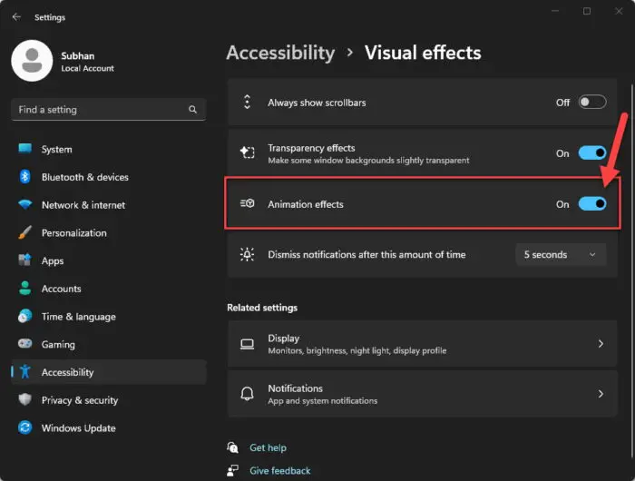 Enable animation effects