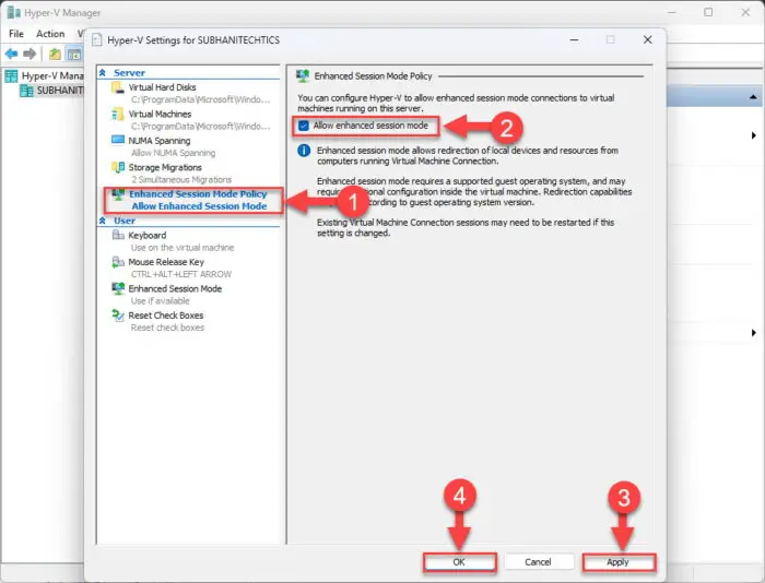 Enable Enhanced Session mode for all users from Hyper V Settings