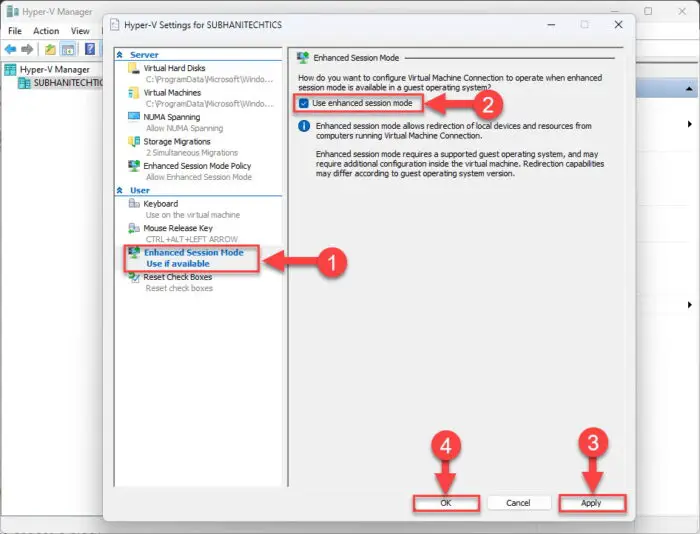 Enable Enhanced Session mode for current user from Hyper V Settings