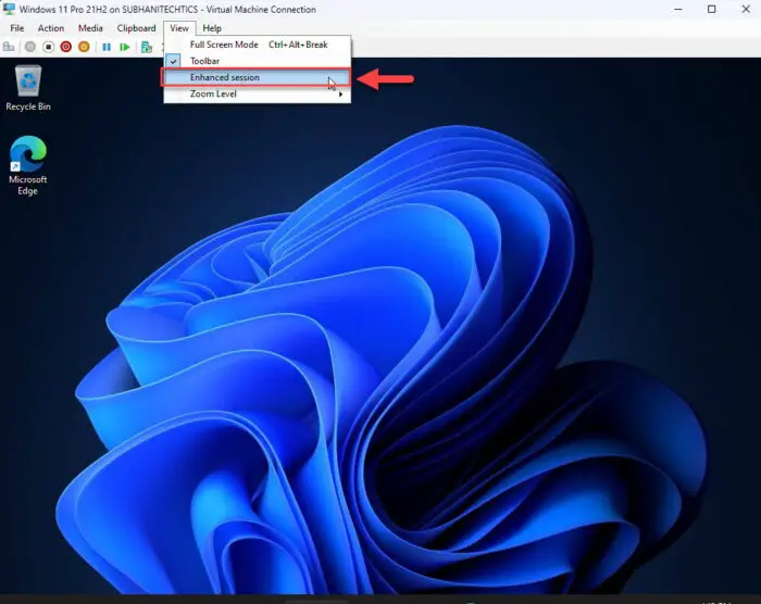 Enable or disable ENhanced Session mode from virtual machines window