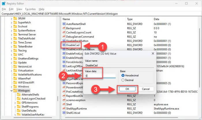 Enable or disable the CTRL Alt Del Secure Sign In screen from Windows Registry