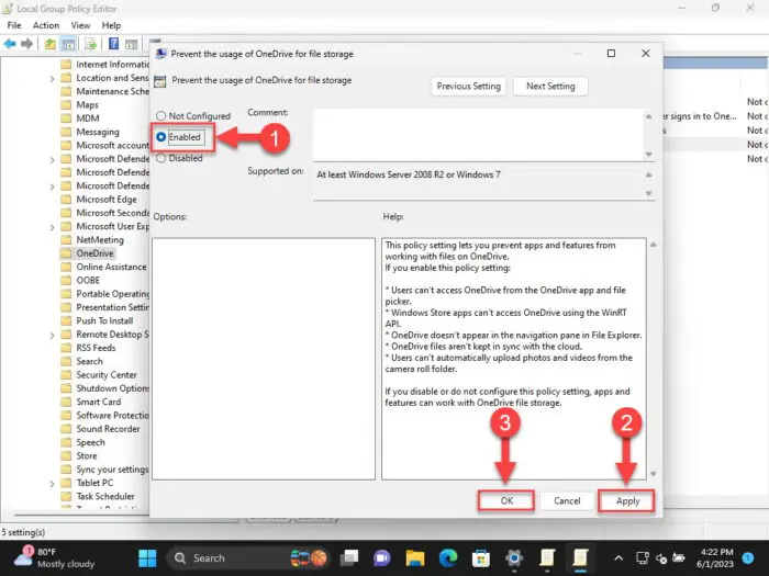 Enable policy to disable OneDrive