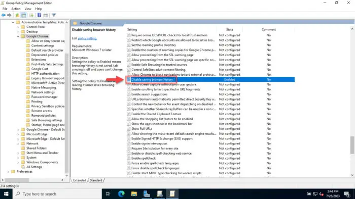 Enable policy to disable saving browser history in Chrome
