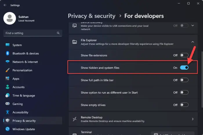 Enable Show hiddden and system files