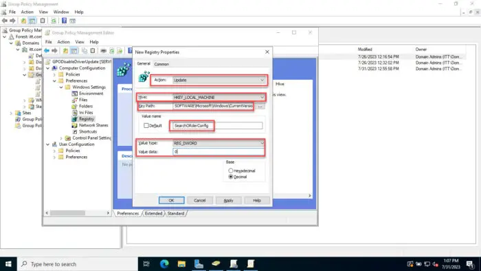 Enter the details for the Registry value to modify