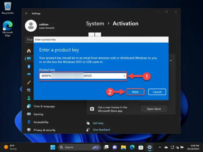 Enter the product key