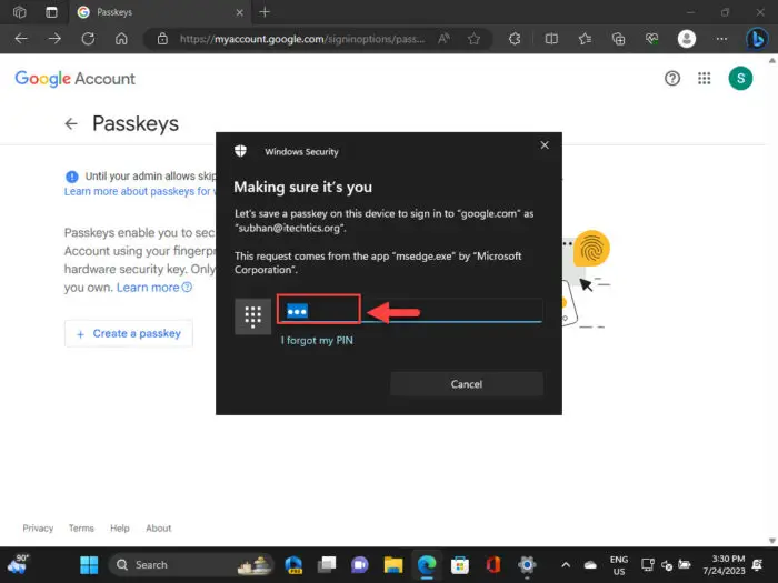 Enter the Windows Hello credentials