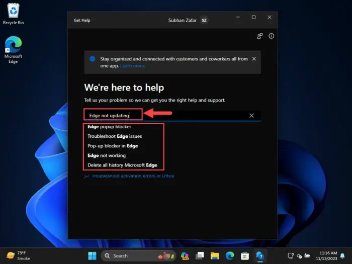 Enter troubleshooting statement in Get Help
