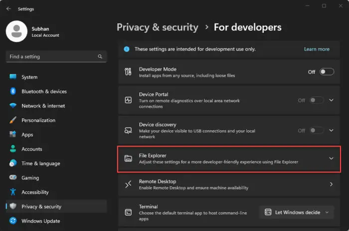 Expand File Explorer settings