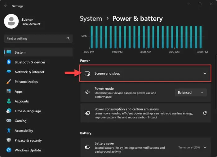 Expand screen and sleep settings