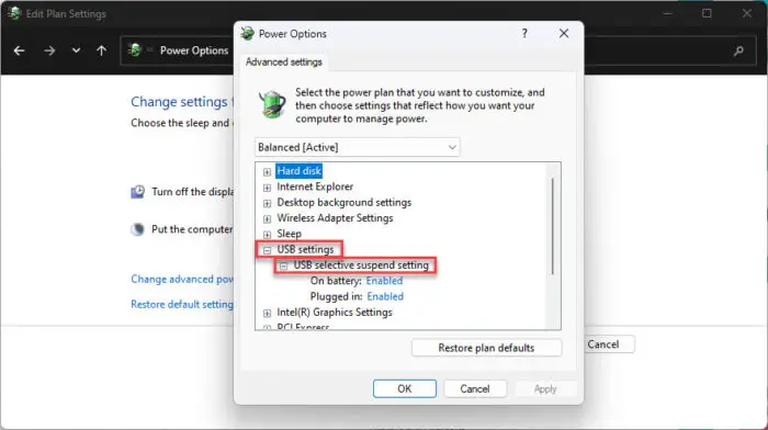 Expand USB selective suspend settings
