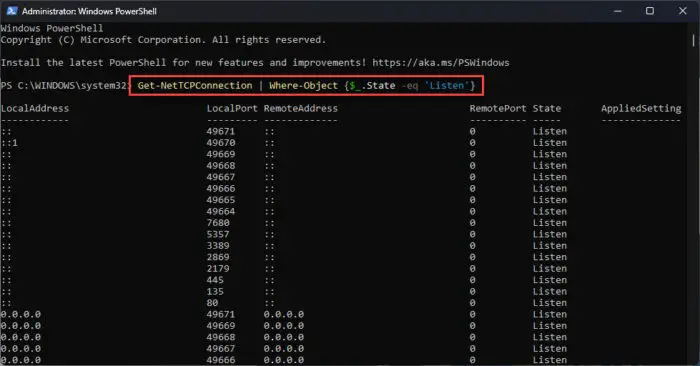 Check For Listening (Open) Ports With NetStat And PowerShell 3 Find listening network ports using PowerShell