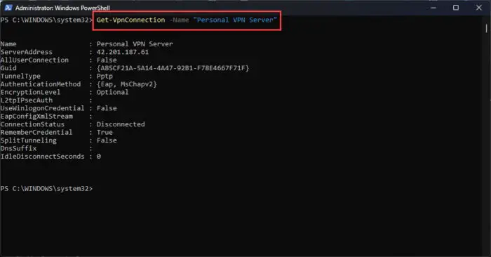How To Add, Manage VPN Connection In Windows Using PowerShell 5 Get details on specific VPN profile of current user in PowerShell