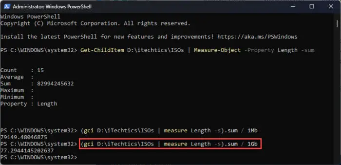 Get folder size using PowerShell in GBs