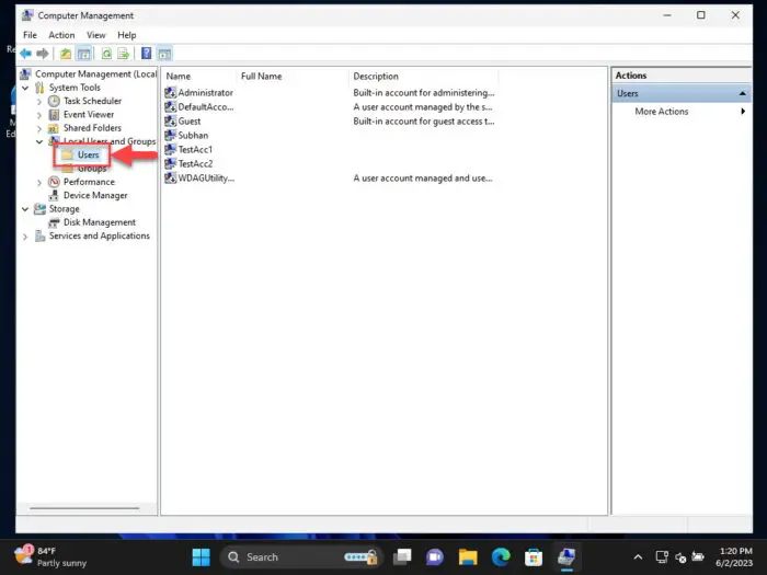 Go to Users folder in the Computer Management Console
