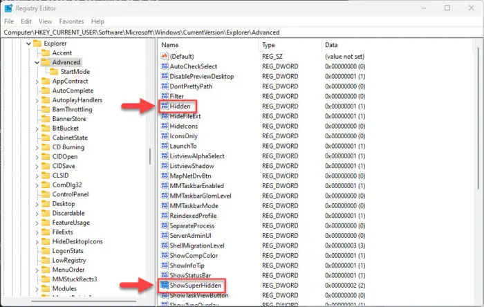Hidden and ShowSuperHidden values in Registry Editor