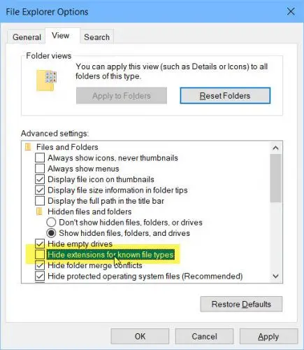 Hide extensions for known file types
