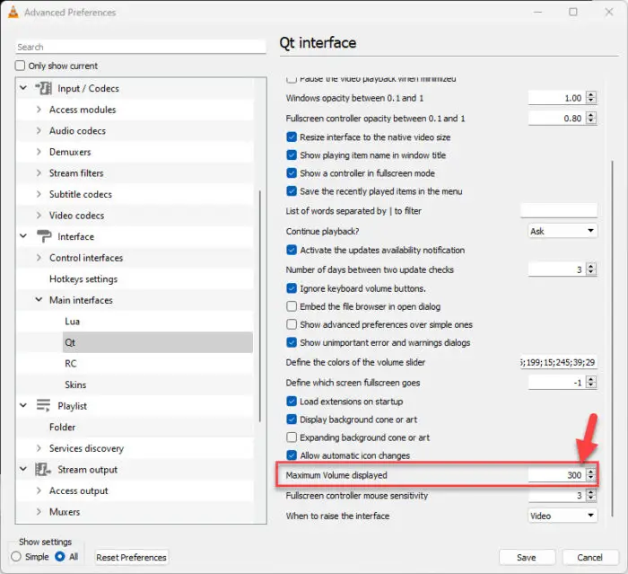 Increase maximum displayed volume level in VLC