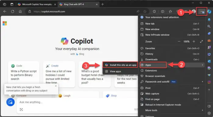 Install Copilot as an app using Microsoft Edge