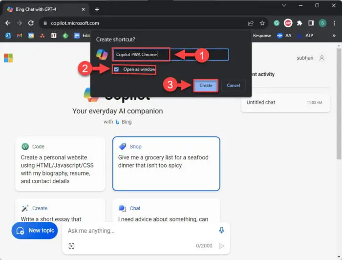 Install the Copilot app using Chrome