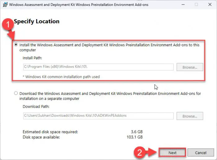 Install WinPE Addons for current computer