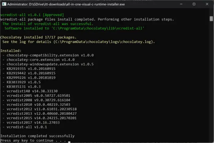 Download Microsoft Visual C++ Redistributables (All Versions) 4 Installed packages by All in One VC Runtimes Installer