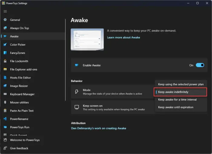 Keep the PC awake using PowerToys