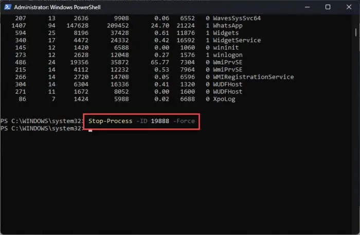 Kill process from PowerShell using process ID