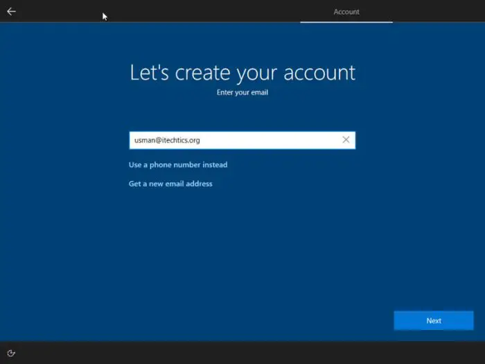 Lets create your account Next