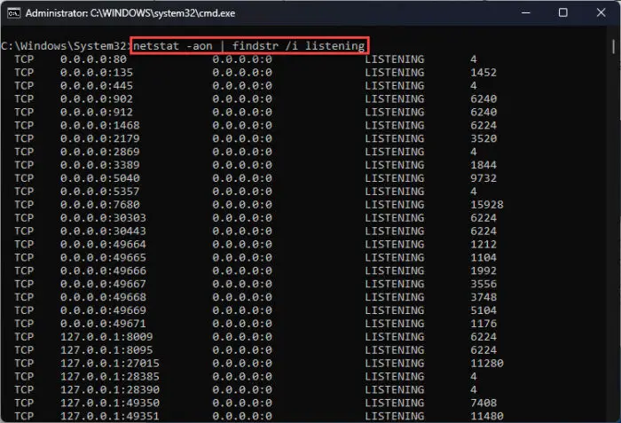 Check For Listening (Open) Ports With NetStat And PowerShell 2 List all listening ports in Command Prompt using Netstat